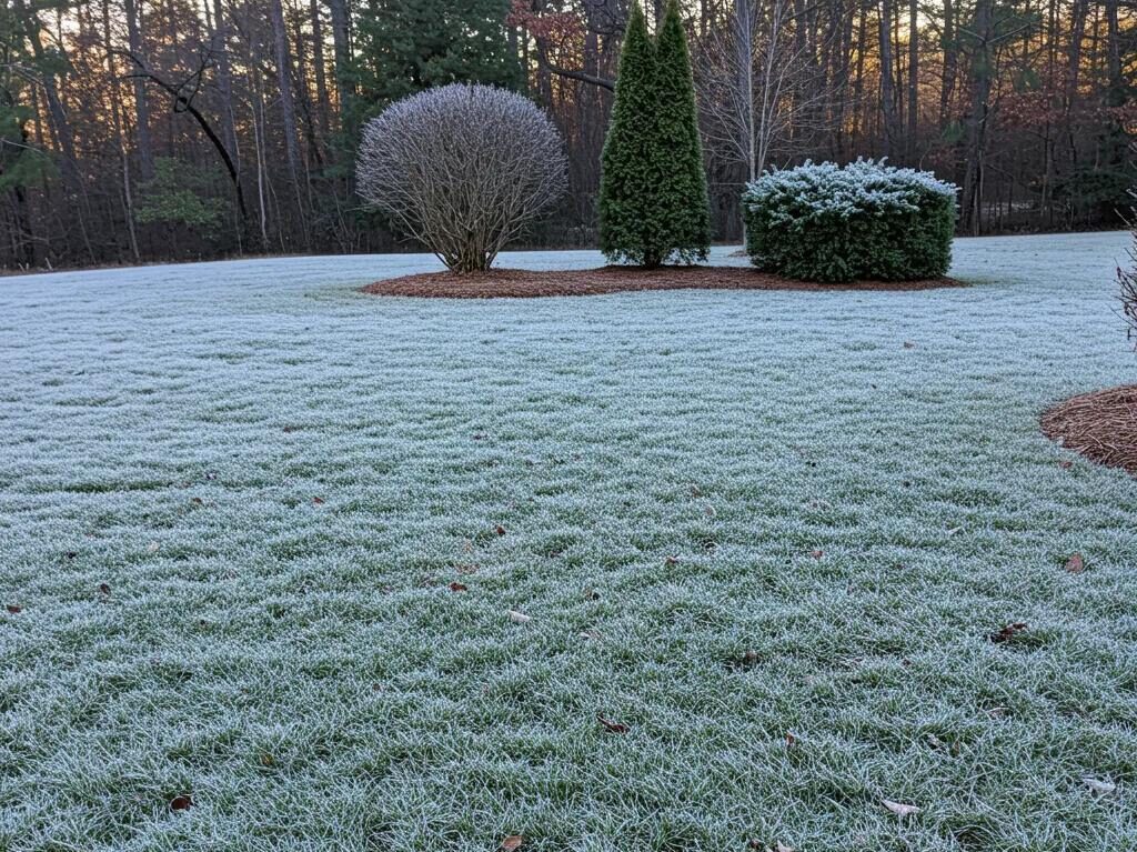 Winter lawn care in Georgia with frost-covered grass and evergreen plants