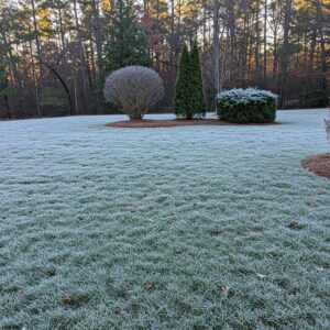 A lawn covered in frost with a few trimmed shrubs and trees in the background; sunlight filters through tall trees at the edge of the yard.
