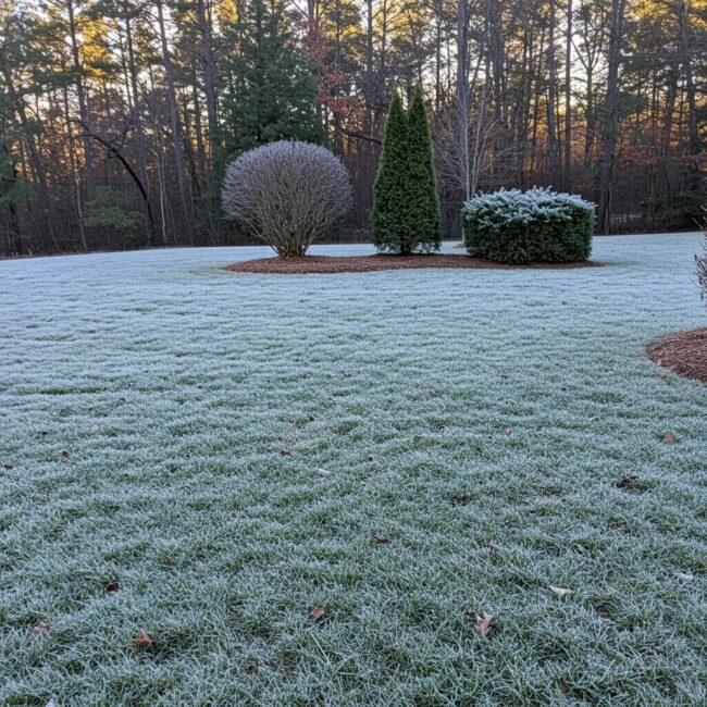 Winter lawn care in Georgia with frost-covered grass and evergreen plants