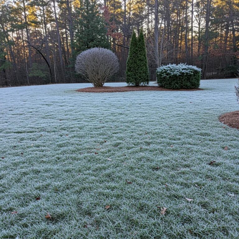A lawn covered in frost with a few trimmed shrubs and trees in the background; sunlight filters through tall trees at the edge of the yard.