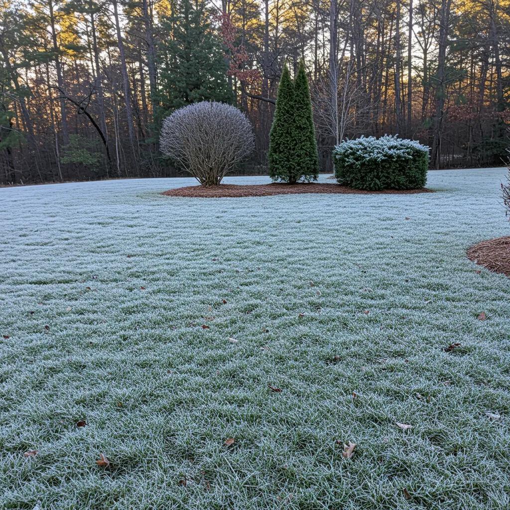 A lawn covered in frost with a few trimmed shrubs and trees in the background; sunlight filters through tall trees at the edge of the yard.