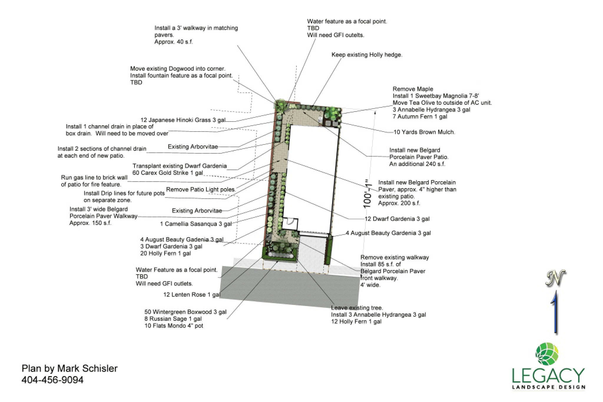 Landscape design plan detailing plant locations, water feature placement, lighting, and hardscape elements for a rectangular property. Features a dynamic content widget. Plan by Mark Schisler, Legacy Landscape Design.