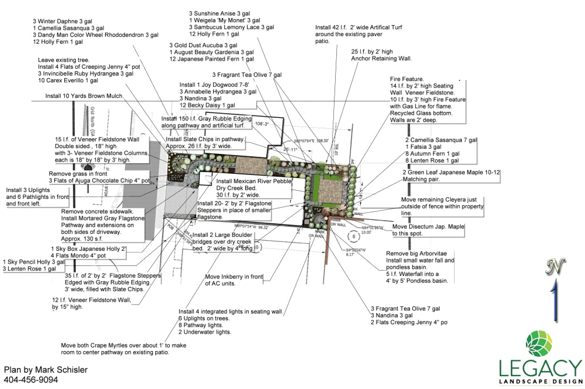 Landscape design plan with labeled plantings, hardscape features, lighting, turf installation, detailed notes for each area, dynamic content widget integration; north arrow and company logo included.