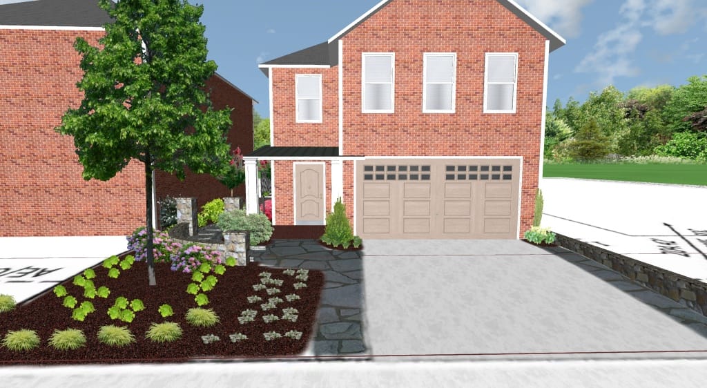 A two-story brick house with a double garage, front yard landscaping&mdash;including a tree, flowers, and shrubs&mdash;and a stone walkway leading to the entrance, enhanced by a dynamic content widget for modern curb appeal.