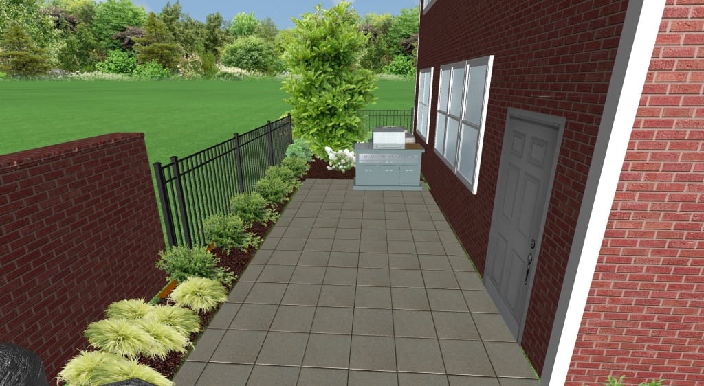 A paved backyard patio beside a brick house features a grill, plants along the fence, and a garden area with shrubs and grass&mdash;ideal for hosting or relaxing. Enhance your space with a dynamic content widget for interactive outdoor updates.