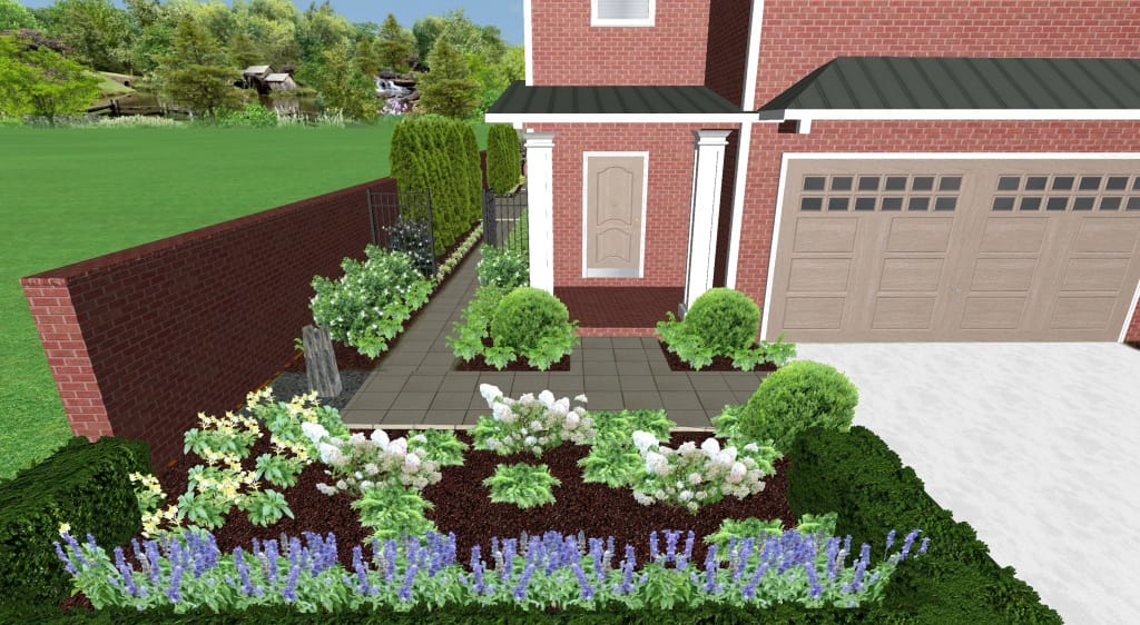 A landscaped front yard with flower beds, shrubs, and a paved walkway features dynamic content near the entrance of a red brick house with a beige garage door.