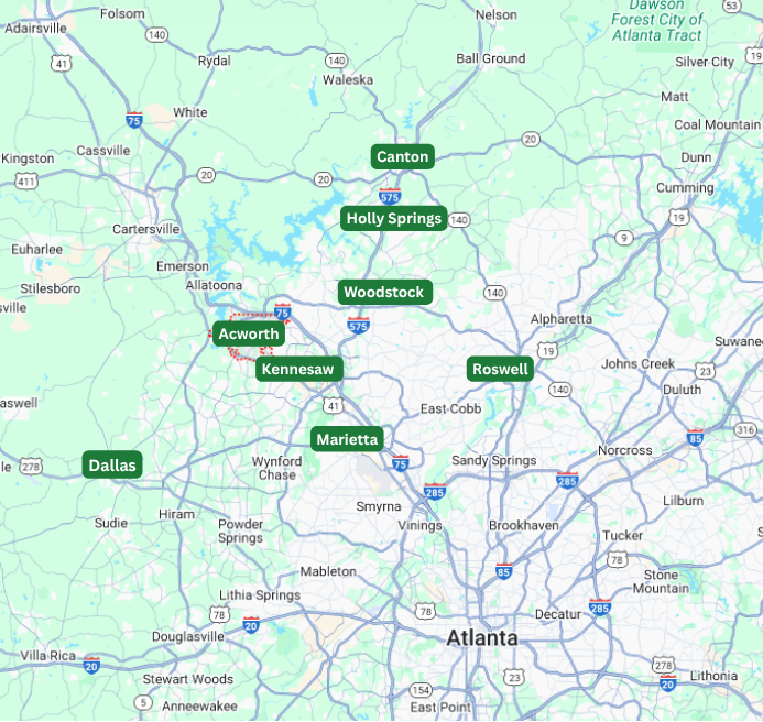 Map showing the Atlanta area with highlighted service areas: Dallas, Acworth, Kennesaw, Marietta, Woodstock, Holly Springs, Canton, and Roswell. Major roads and highways are visible.