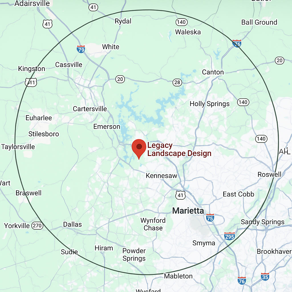 Map showing Legacy Landscape Design's location in Kennesaw, Georgia, marked with a red pin and a large circle highlighting their service areas. Nearby cities and highways are clearly labeled for easy reference.