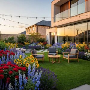 Beautiful outdoor landscape combining modern and traditional garden styles with colorful flowers and a cozy seating area
