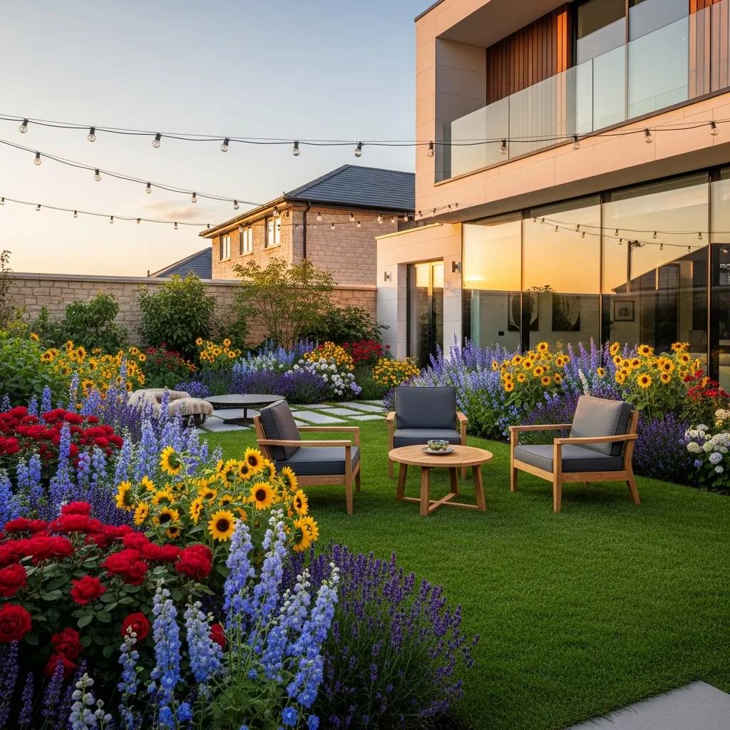 Beautiful outdoor landscape combining modern and traditional garden styles with colorful flowers and a cozy seating area