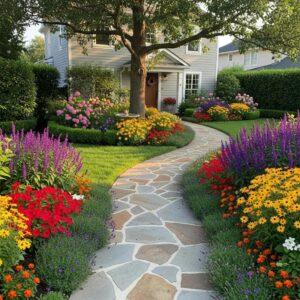 Beautifully landscaped front yard with colorful flowers and inviting pathway enhancing curb appeal