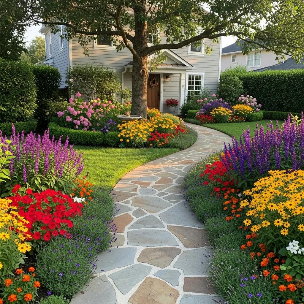 Beautifully landscaped front yard with colorful flowers and inviting pathway enhancing curb appeal