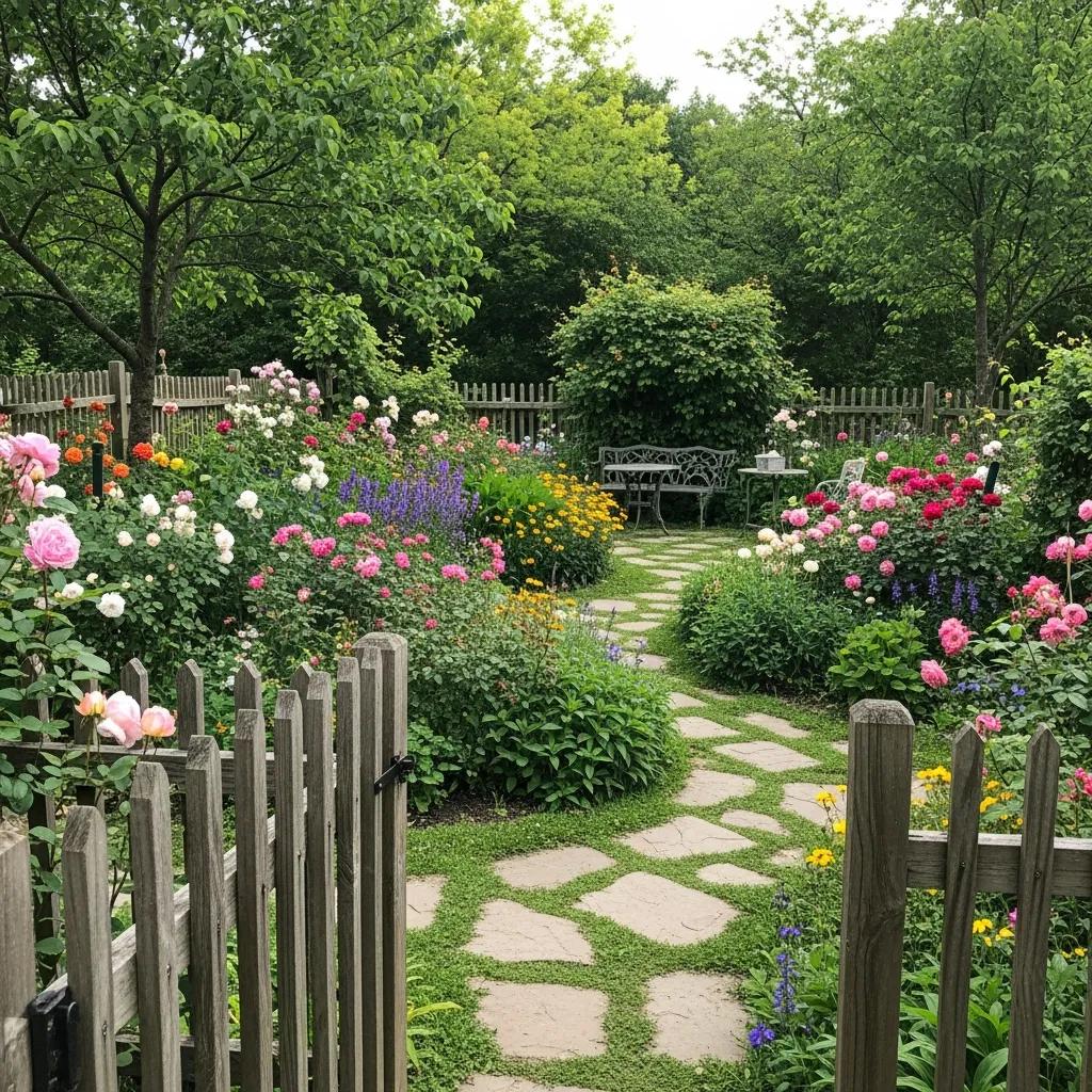 Charming traditional garden with colorful flowers, rustic fence, and winding pathways creating a nostalgic atmosphere