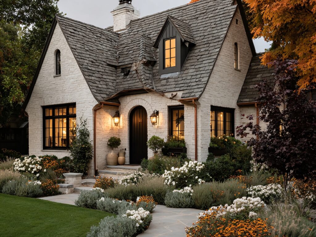 A stone cottage-style house with warm lights, black-framed windows, and a landscaped front yard featuring flowering plants and shrubs—perfect to inspire your own cottage landscape style.