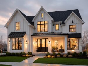 A modern two-story house with white siding, large windows, black trim, and warm interior lights shines at dusk, enhanced by landscape lighting for holiday curb appeal amid landscaped shrubs and a concrete walkway.