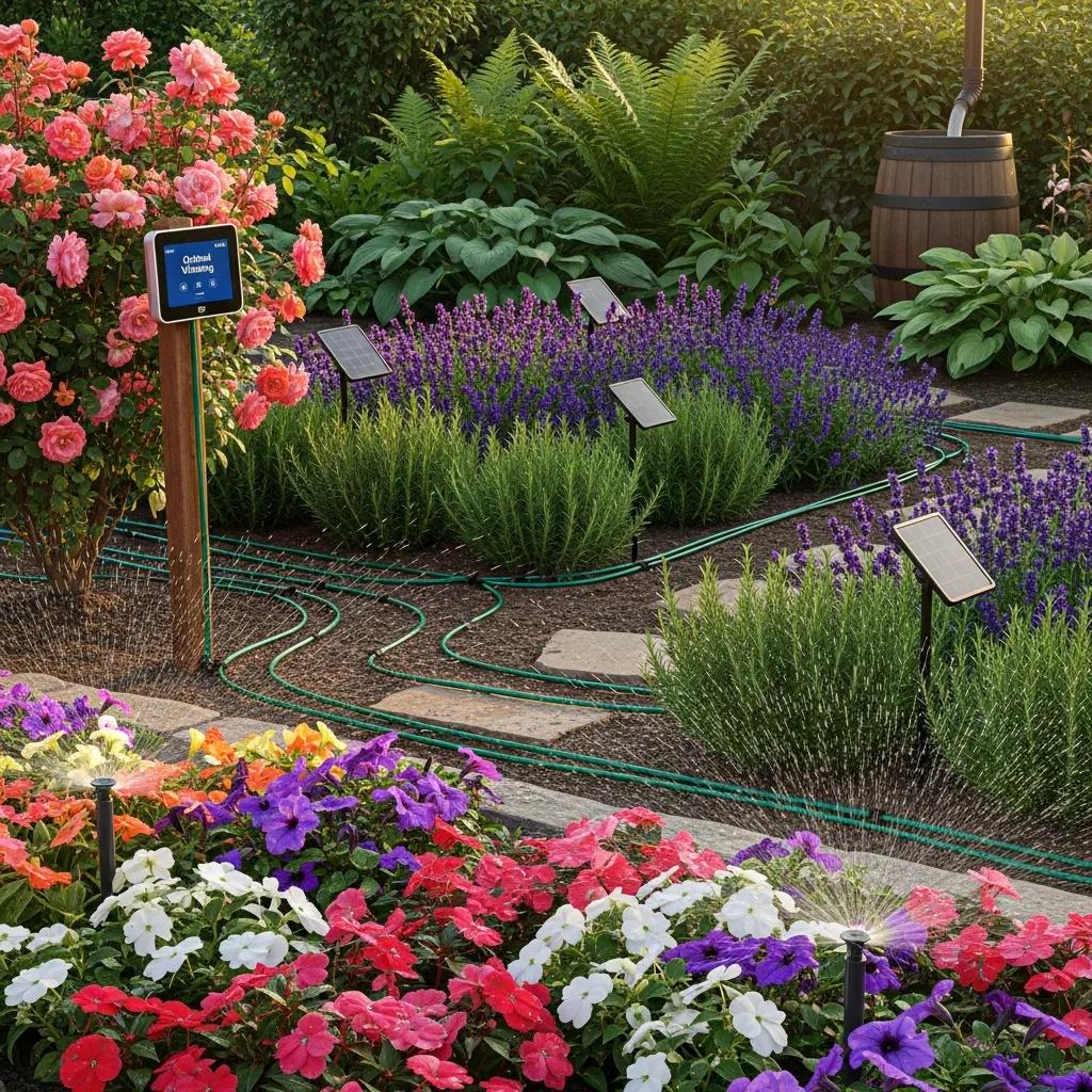 Lush garden with smart irrigation system showcasing sustainable landscaping practices