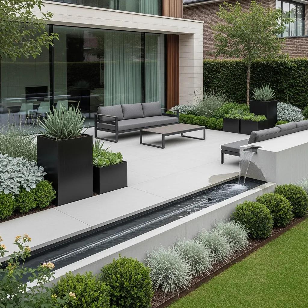 Sleek modern garden design with clean lines, geometric shapes, and minimalist plant arrangements