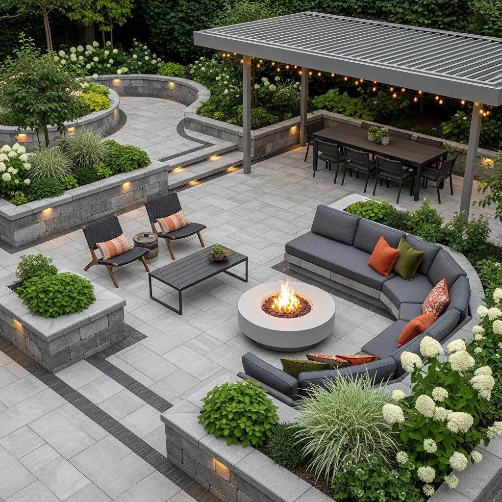 Stylish outdoor living space with modern patio, fire pit, and elegant walkways enhancing curb appeal