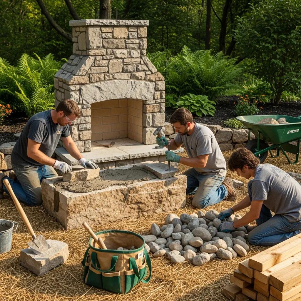 Construction of a luxury outdoor fireplace using local materials, highlighting sustainability