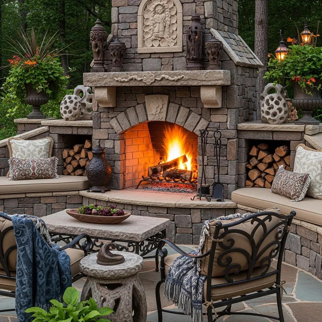 Custom outdoor fireplace showcasing design details and surrounding seating area
