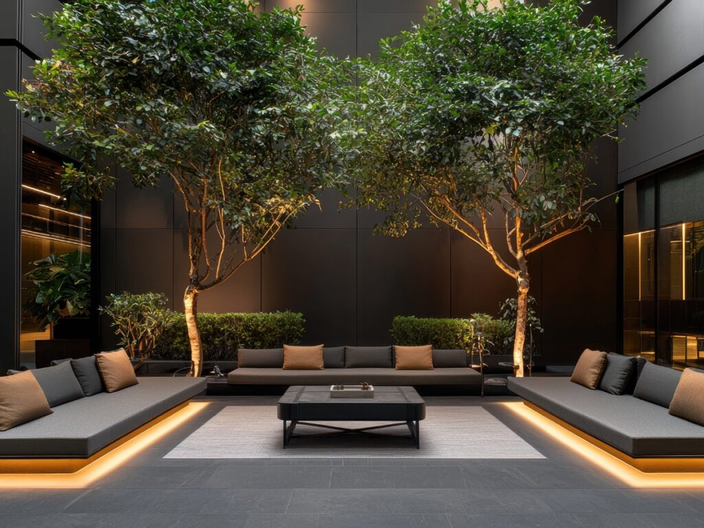 A modern indoor lounge features two large trees, sleek sofas with cushions, a central coffee table, and warm ambient landscaping lighting that highlights the benefits of a minimalist setting.