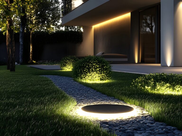 A modern house with exterior lighting showcases landscaping lighting benefits, featuring a stone garden path, illuminated round ground lights, trimmed bushes, and a green lawn at dusk.