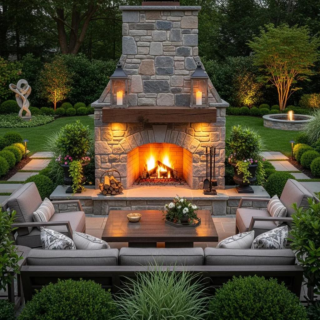 Luxury outdoor fireplace in a landscaped garden, enhancing outdoor living aesthetics