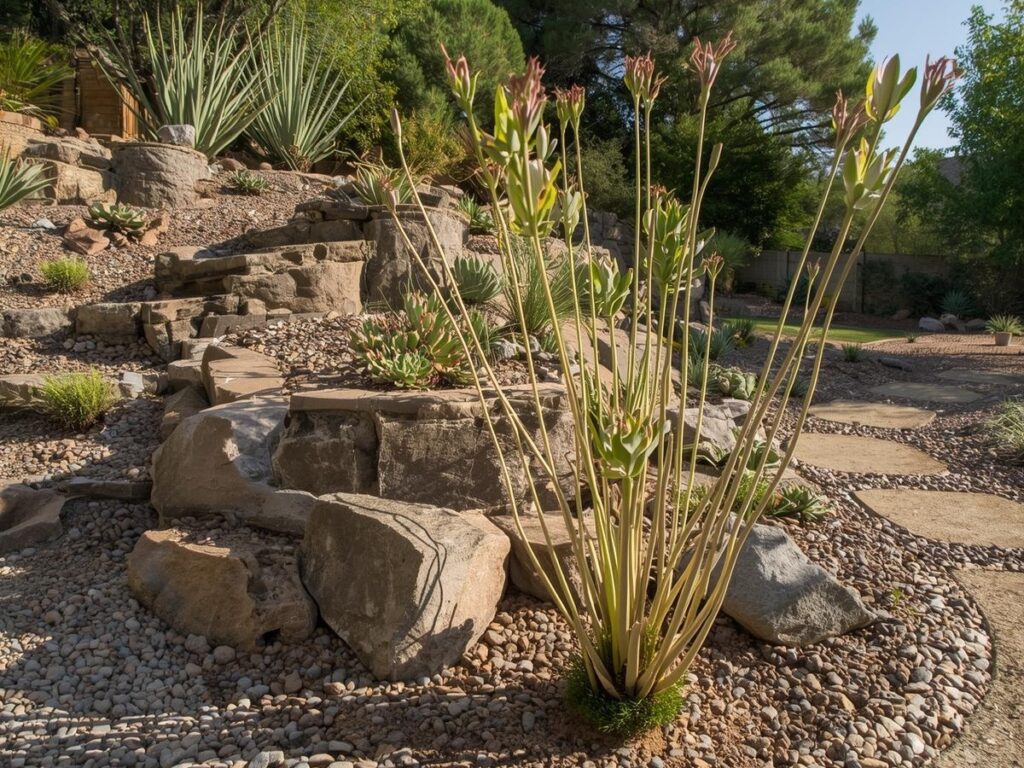 A xeriscape garden with rocks, gravel, and drought-tolerant plants like tall kangaroo paw, agave, and other succulents—perfect for thriving in areas prone to extreme weather.