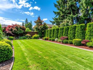 A neatly manicured lawn bordered by trimmed hedges, native shrubs, and trees under a blue sky with scattered clouds.
