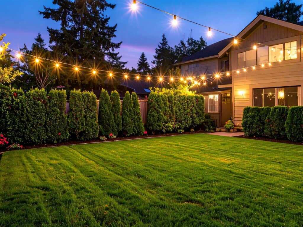 A backyard with a well-manicured lawn, native shrubs bordering tall hedges along the fence, string lights overhead, and a two-story house at dusk.