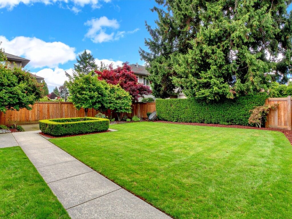 A neatly manicured backyard with a green lawn, trimmed hedges, native shrubs, mature trees, and a wooden fence under a partly cloudy sky.