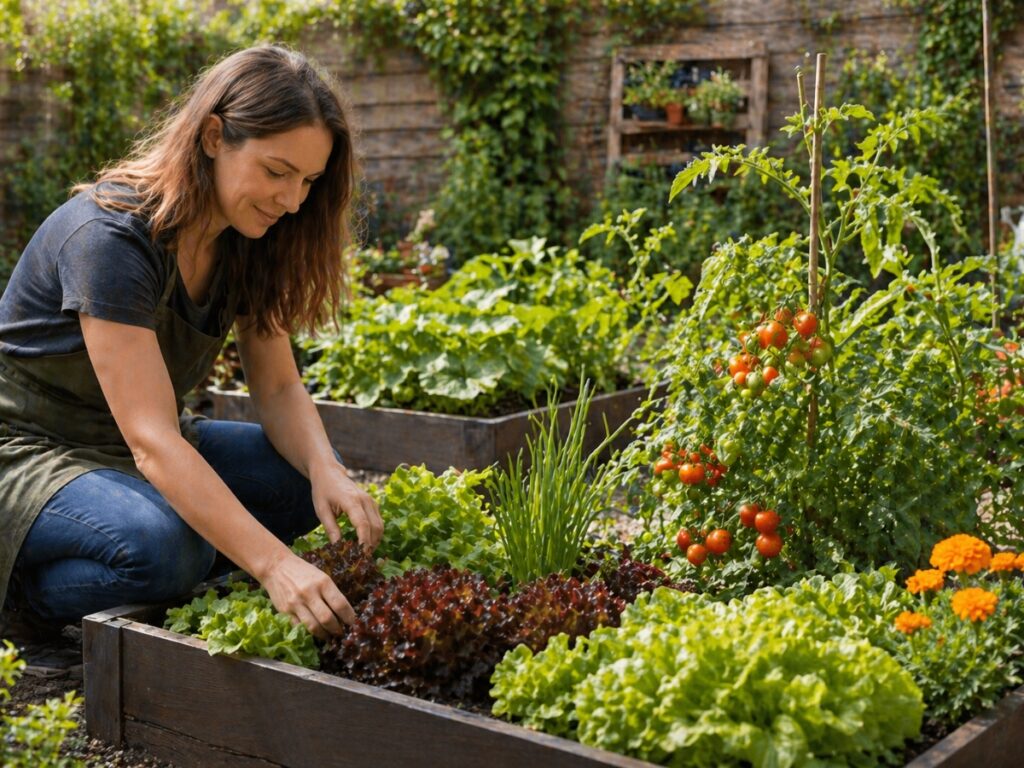 A woman practices edible landscaping as she tends to vegetables and herbs in a raised garden bed, surrounded by leafy greens, tomatoes, and flowers in a vibrant backyard garden.