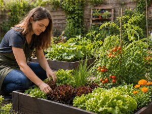 A woman practices edible landscaping as she tends to vegetables and herbs in a raised garden bed, surrounded by leafy greens, tomatoes, and flowers in a vibrant backyard garden.