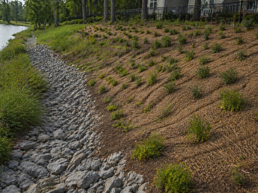 Sloped shoreline with rocks along the water and newly planted vegetation on a netted, erosion control hillside beside a house.
