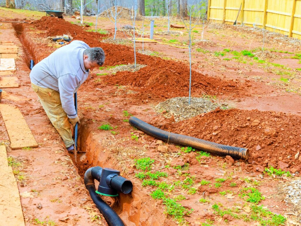 A person installs black drainage pipes for erosion control in a freshly dug trench in a backyard garden with young trees and a wooden fence.