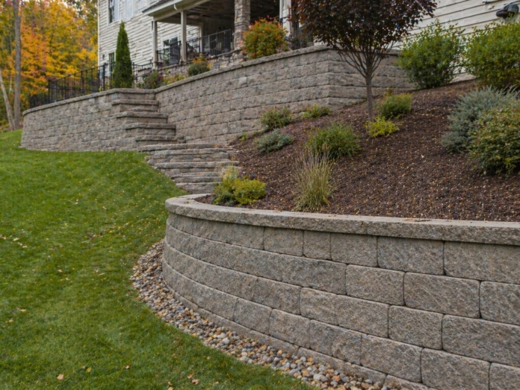 Tiered stone retaining walls with stairs provide erosion control on the landscaped slope, complemented by shrubs and a grassy lawn in a residential yard.
