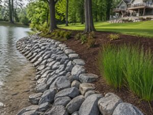 Large rocks provide erosion control as they form a shoreline barrier along a landscaped pond, with mulch, shrubs, grasses, and a house visible in the background.