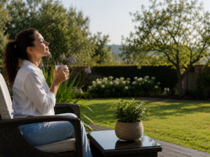 A woman sits on a patio chair holding a mug, eyes closed, soaking up the sun’s health benefits in a garden with green grass, plants, and trees. A potted plant rests on the table beside her.