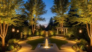 Automated landscape lighting illuminating a garden at dusk, showcasing energy-efficient outdoor lighting solutions