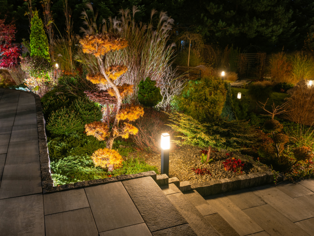 A landscaped garden at night features automated lighting along the pathway, various shrubs, and a tree with orange foliage near a stone walkway.