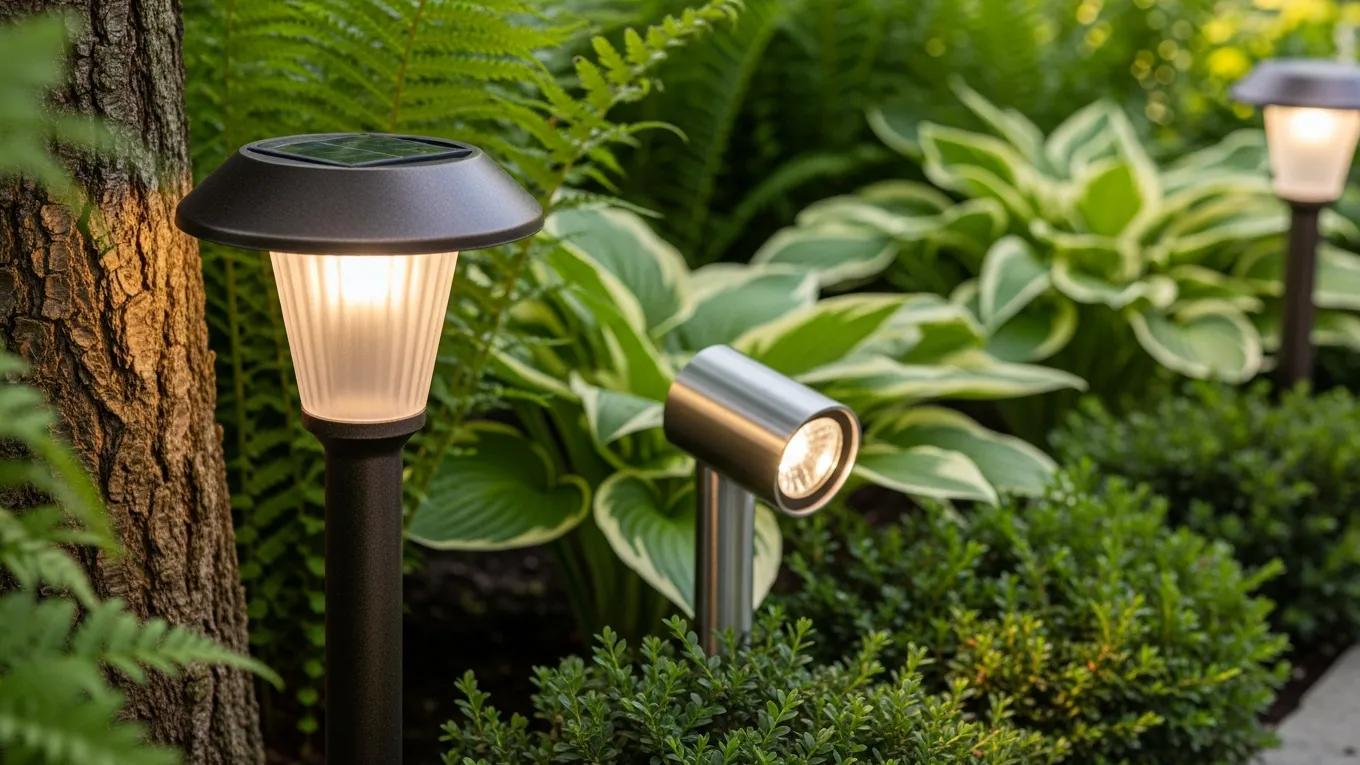 Close-up of energy-efficient LED and solar-powered lighting fixtures in a garden, highlighting their design and energy-saving benefits