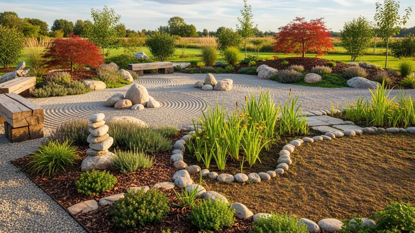 Sustainable Zen garden with native plants and eco-friendly features enhancing tranquility