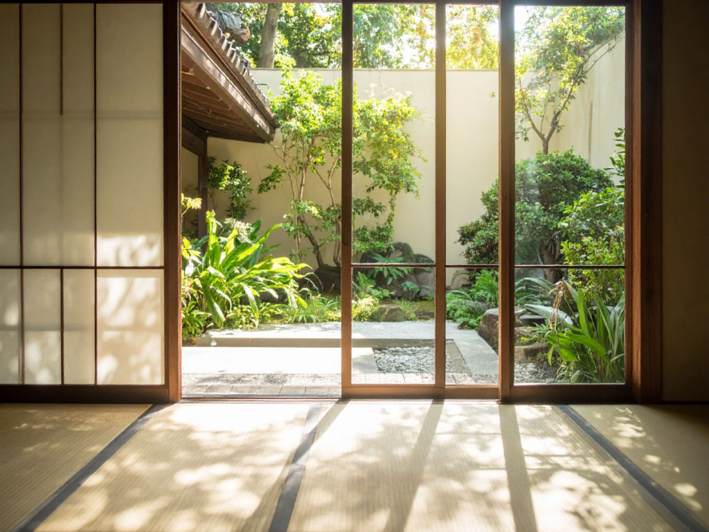 Sunlight streams through sliding glass doors, illuminating a tatami-mat room and revealing a tranquil zen garden with green plants and trees outside.