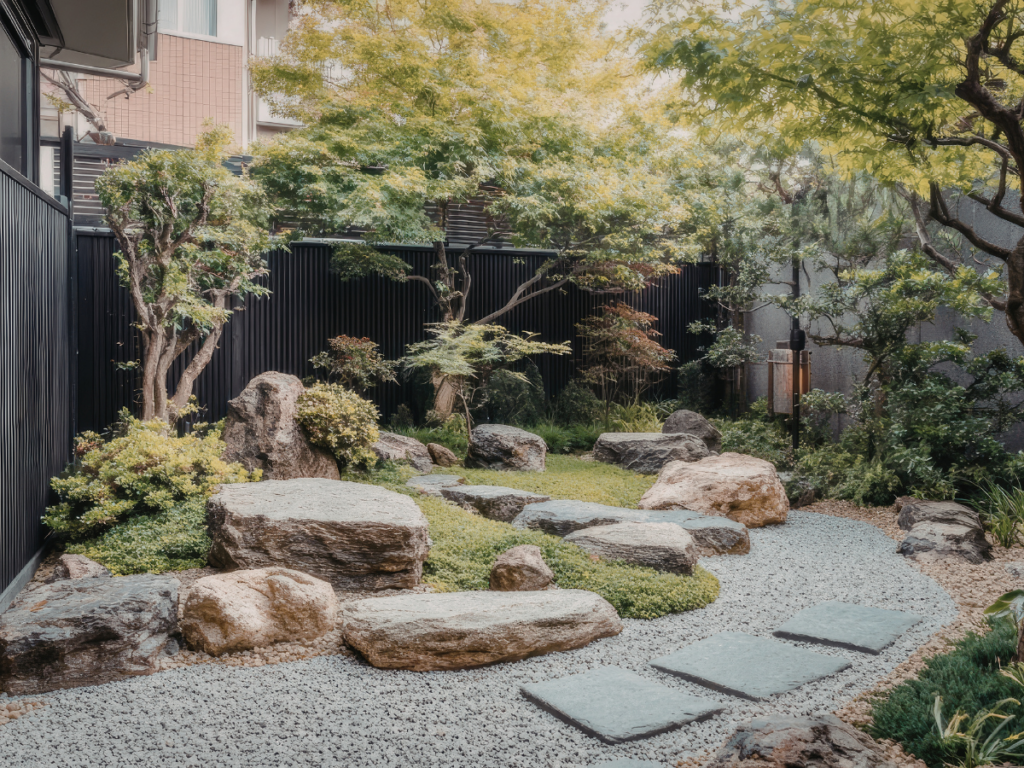 A tranquil zen garden featuring large rocks, stepping stones, gravel, trimmed shrubs, and trees, enclosed by a black fence and adjacent to buildings.