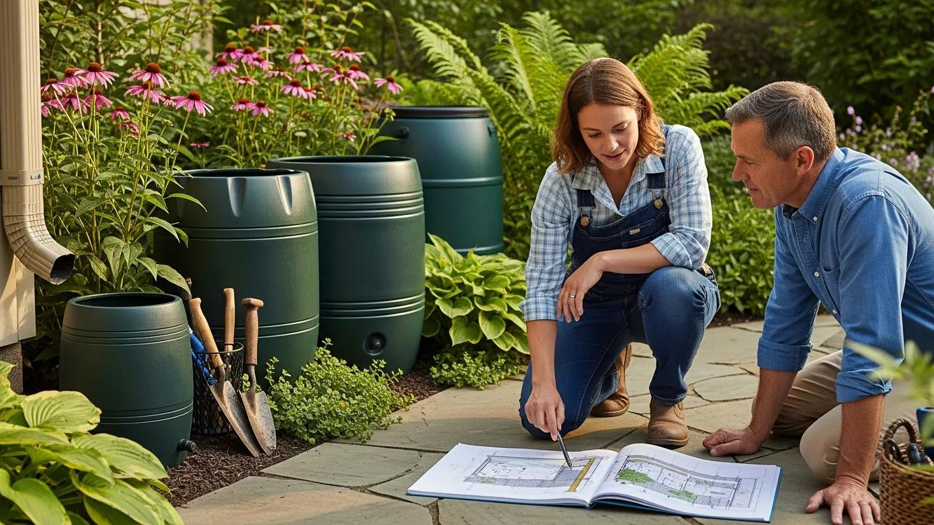 Landscape designer consulting with homeowner about customized rain barrel installation