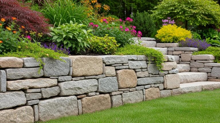 Natural stone retaining wall in a garden, highlighting durability and aesthetic appeal