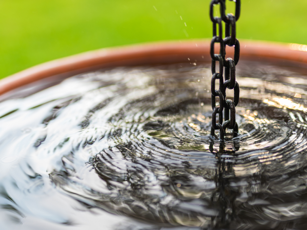 A black metal chain, part of a rainwater harvesting system, hangs into a round basin of water, causing ripples on the surface; green grass is visible in the blurred background.
