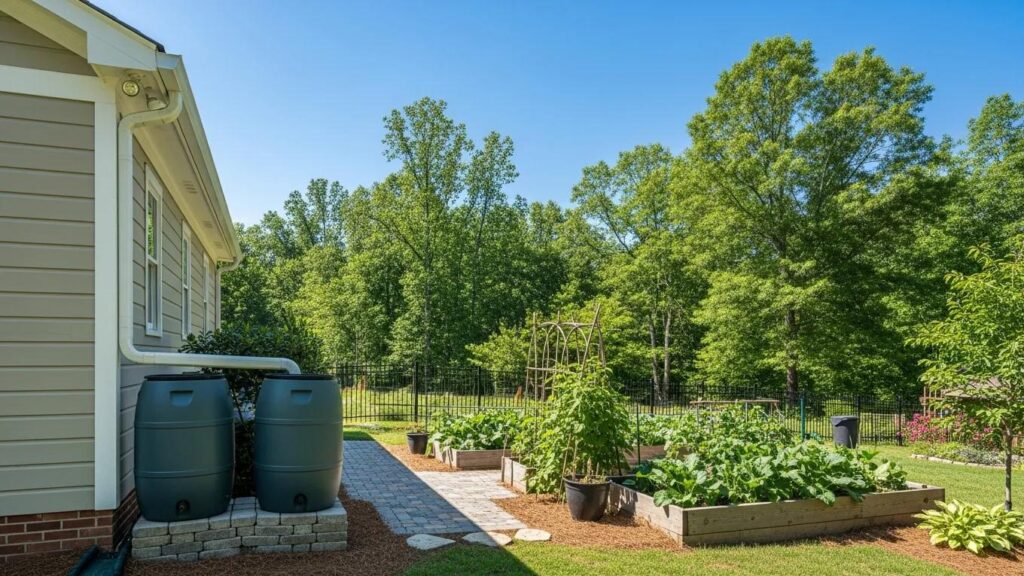 Sustainable landscape in Atlanta with rainwater harvesting system and lush garden