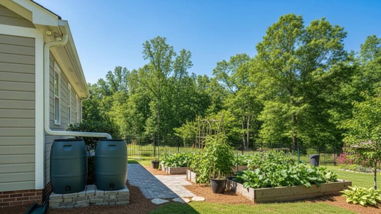 Sustainable landscape in Atlanta with rainwater harvesting system and lush garden
