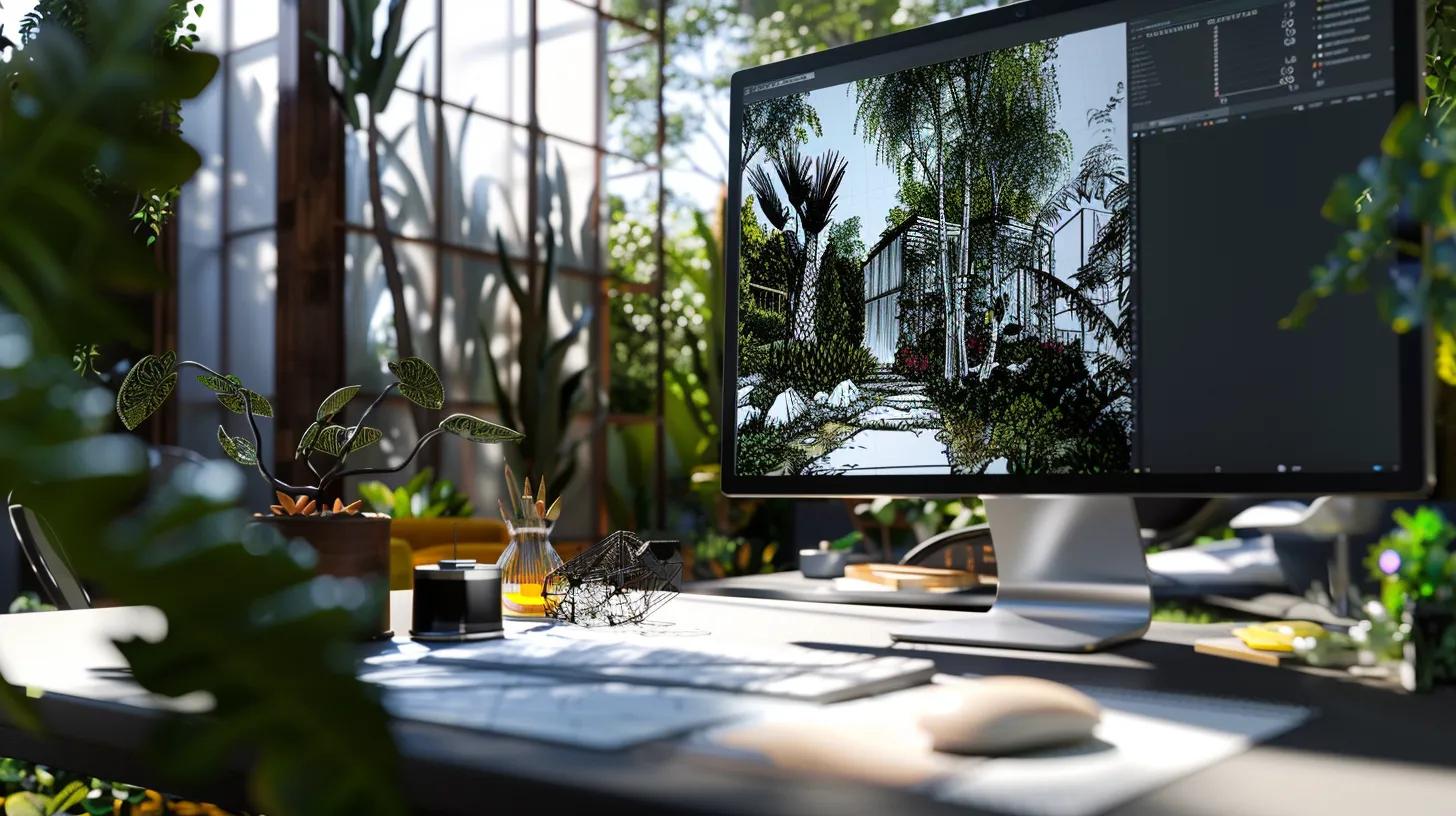 Designer working on a 3D landscape rendering in a creative workspace